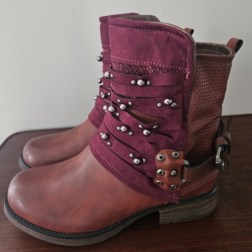 LALA IKAI Women Motorcycle Boots Ankle Combat Boots with Studded Low Block Heels